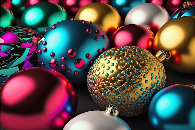 Closeup of baubles on Christmas tree with garlands on colorful background with selective focus and blurred background