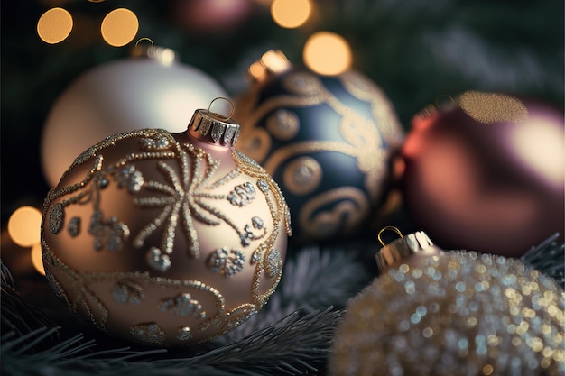 Closeup of baubles on Christmas tree with garlands on colorful background with selective focus and blurred background