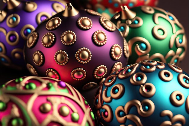 Closeup of baubles on Christmas tree with garlands on colorful background with selective focus and blurred background