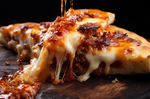 Foto close-up di una pizza al barbecue su una pietra di pizza bollente con formaggio fuso