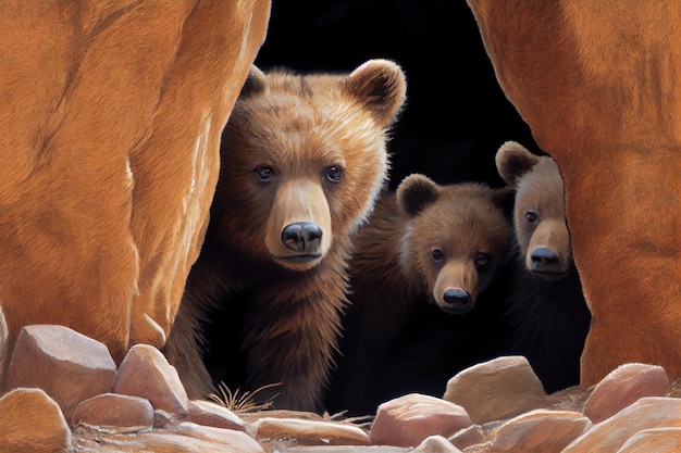 Closeup of bear den with cubs visible through the entrance