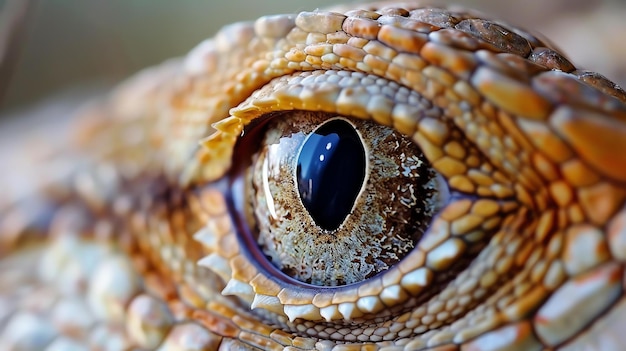 Photo a closeup of a bearded dragons eye the eye is a bright yellow color with a black pupil the scales around the eye are a light brown color