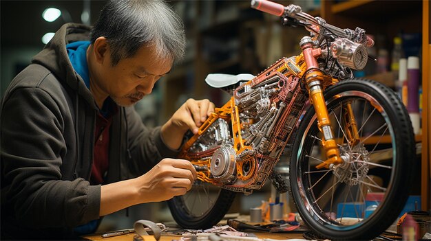 車のエンジンを修理しているひげを生やした男性のクローズアップ