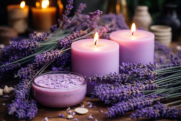 closeup of beautiful aromatic purple candles with lavender