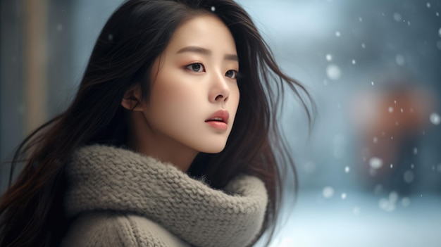 Closeup beautiful asian woman wearing winter sweater