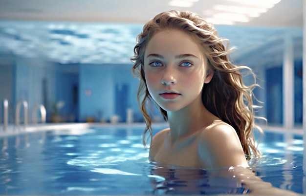 Closeup beautiful blonde girl with blue eyes swimming in the pool