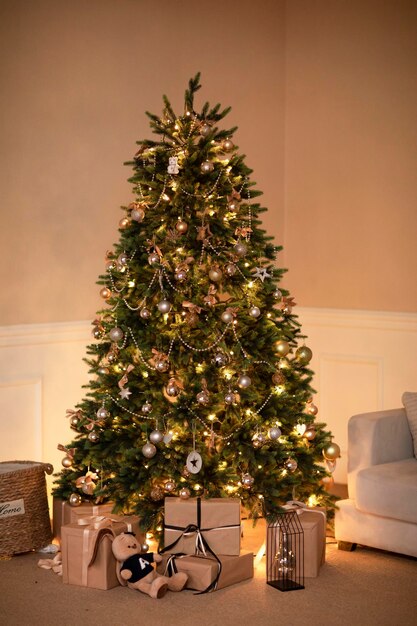 Closeup on beautiful Christmas ornaments hanging on the tree