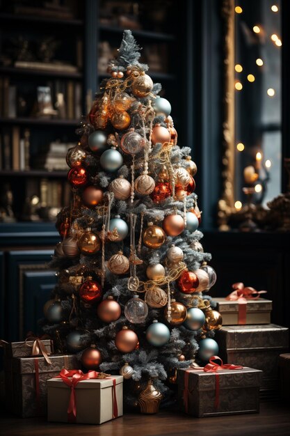 Близкий красивая рождественская елка украшена светлыми игрушками комната ИИ генерировать