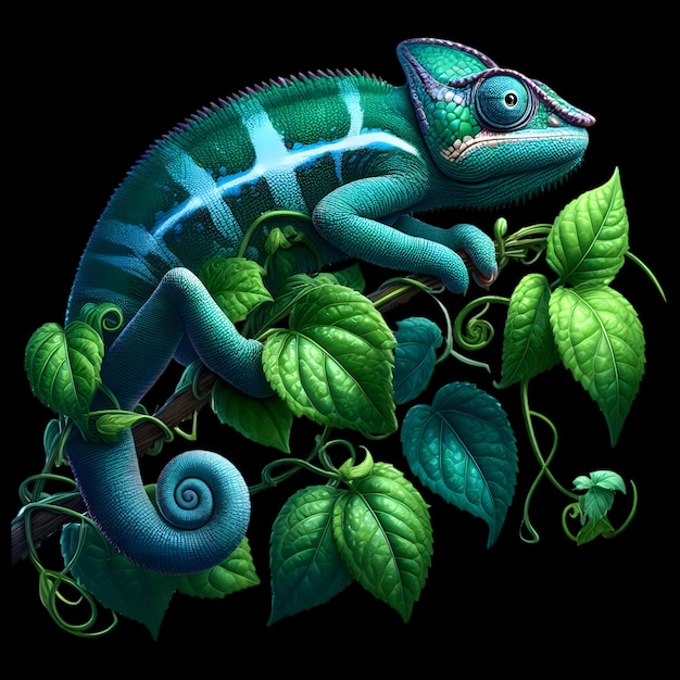 Красивый красочный животный ящерица Хамелеон на изображении ветви на черном фоне