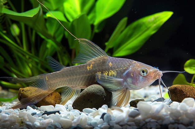 Closeup of a beautiful corydoras fish in an aquarium