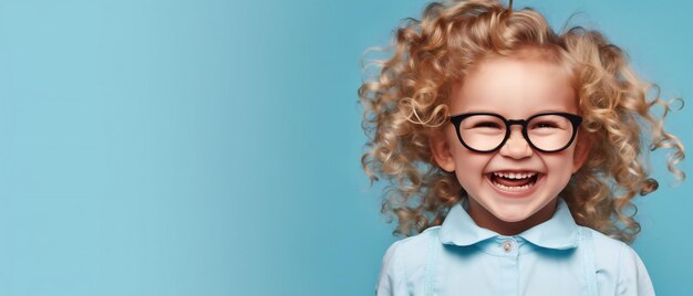 Closeup of a beautiful curly blonde woman wearing glasses and a blue shirt looking at the camera