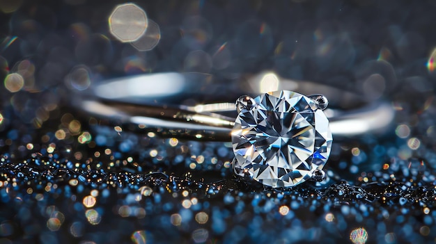 Photo closeup of a beautiful diamond ring on a black background with a shiny surface the diamond is round and has a brilliant cut