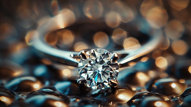 Photo closeup of a beautiful diamond ring on a shiny surface with blurred golden lights in the background