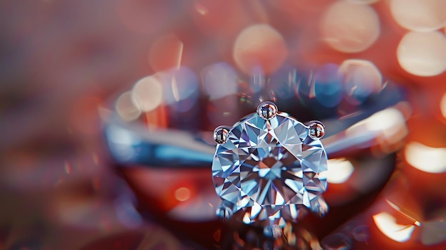 Photo closeup of a beautiful diamond ring with water drops on a red velvet background