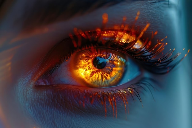 Красивый крупный план глаза женщины с горящим светящимся огнем в глазной радужной оболочке Ai generative