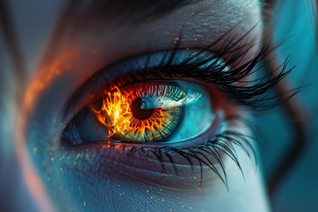 A closeup beautiful eye of a female person burning glowing fire in the eye iris Ai generative