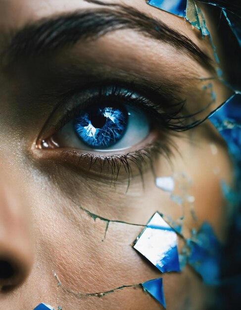 Photo closeup of beautiful female eye with broken glass effect fantasy image ai generative