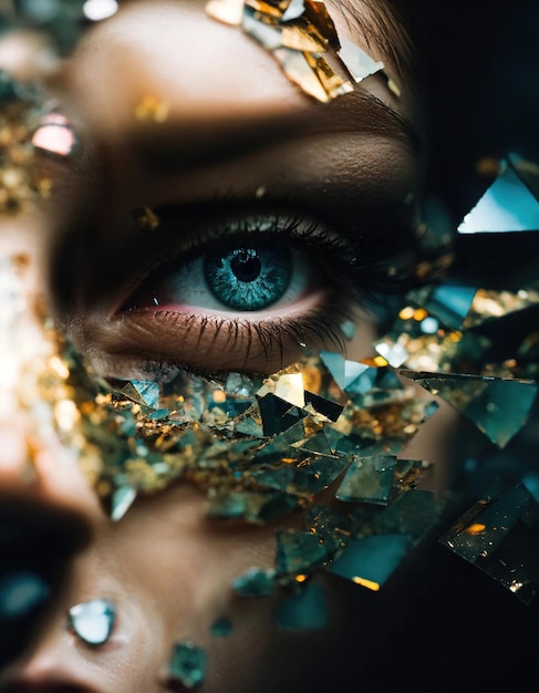 Closeup of beautiful female eye with broken glass effect Fantasy image ai generative