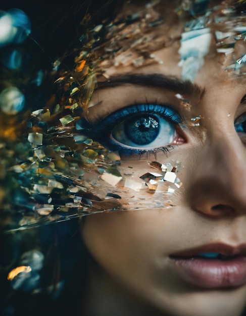 Closeup of beautiful female eye with broken glass effect Fantasy image ai generative