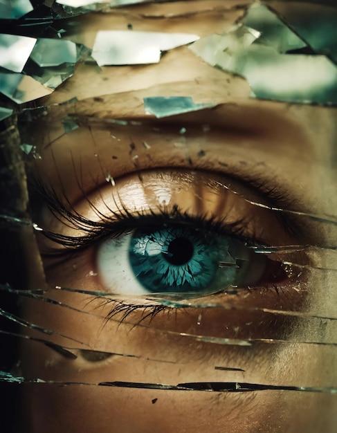 Closeup of beautiful female eye with broken glass effect Fantasy image ai generative