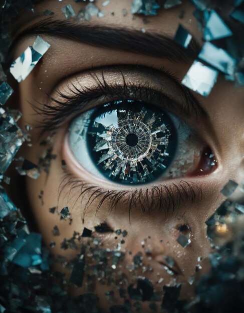 Клоуз-ап красивого женского глаза с эффектом разбитого стекла Фантастическое изображение ai generative