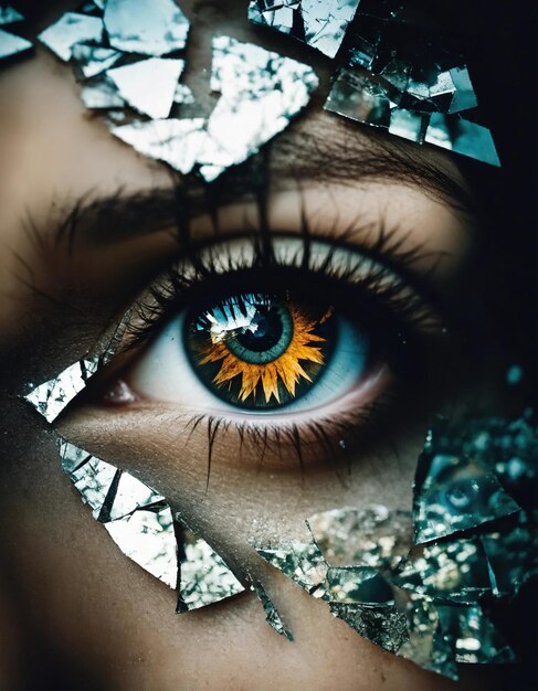 Closeup of beautiful female eye with broken glass effect Fantasy image ai generative