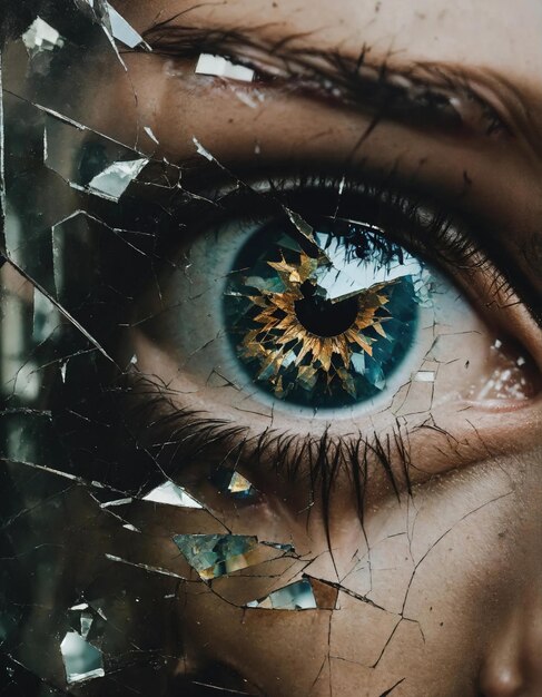 壊れたガラスの効果で美しい女性の眼のクローズアップ ファンタジー画像 ai generative