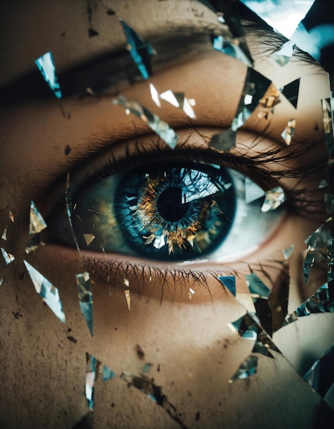 Closeup of beautiful female eye with broken glass effect Fantasy image ai generative