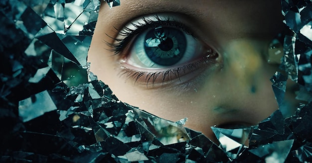 Closeup of beautiful female eye with broken glass effect Fantasy image ai generative