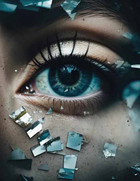 Closeup of beautiful female eye with broken glass effect Fantasy image ai generative