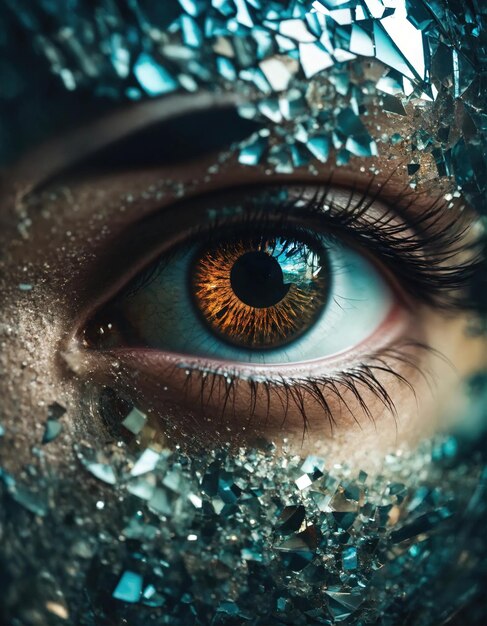 Closeup of beautiful female eye with broken glass effect Fantasy image ai generative