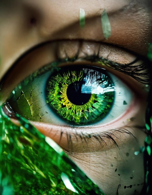 Close-up di un bellissimo occhio femminile con effetto di vetro rotto immagine fantasiosa ai generative