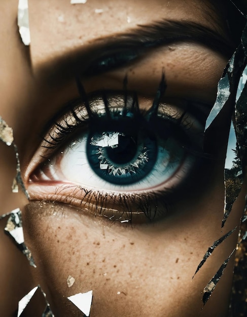 壊れたガラスの効果で美しい女性の眼のクローズアップ ファンタジー画像 ai generative