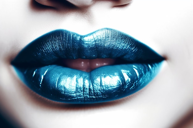 Premium AI Image  Closeup of beautiful female lips with blue glossy makeup  Studio shot generative ai