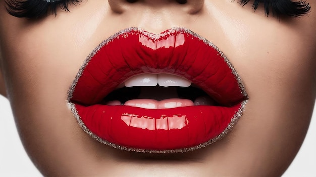 Closeup beautiful female lips with red lipstick glamour fashion bright gloss makeup