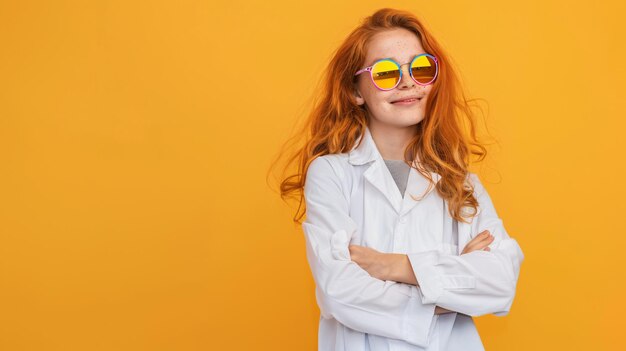 Closeup of a beautiful girl with red hair and freckles smiling wearing coloredrimmed sunglasses