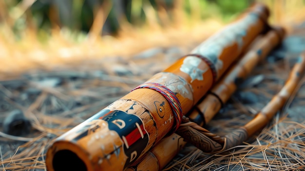 Foto close-up di un bellissimo flauto di legno fatto a mano con decorazioni colorate sdraiato su un letto di erba secca