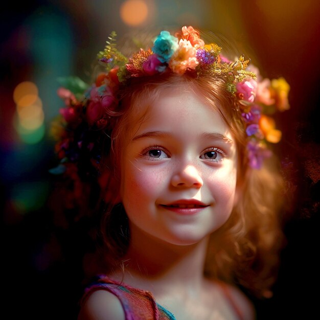 Closeup of a beautiful innocent smiling flower fairy with a beautiful flower crown