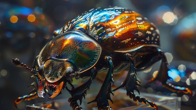 Близкий план красивого радужного жука с блестящим отражающим металлическим зелено-голубым и золотым экзоскелетом