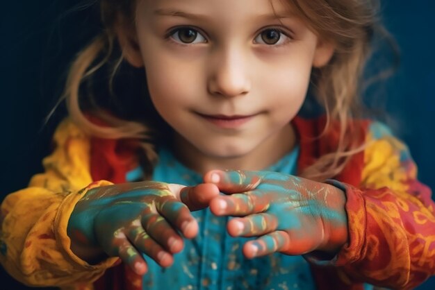 Closeup on the beautiful kid showing her painted hands