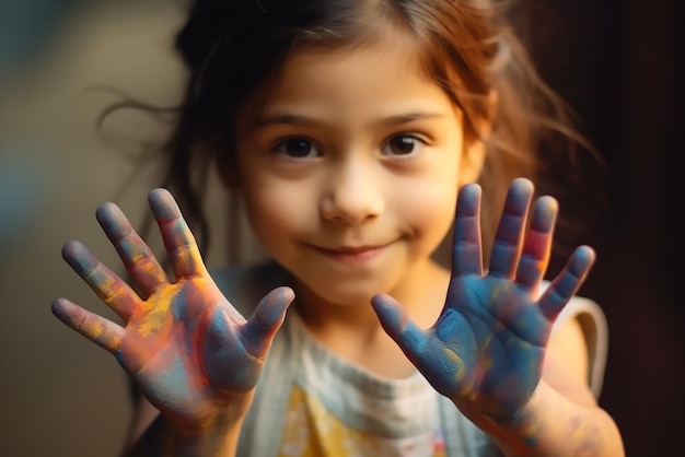 Closeup on the beautiful kid showing her painted hands