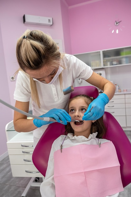 Photo closeup of a beautiful little girl opening her mouth wide during dental treatment at a woman's dentist treatment of children's teeth dentistry