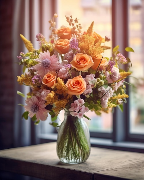 Closeup beautiful luxury bouquet of mixed flowers in glass vases the work of the flo Generative AI