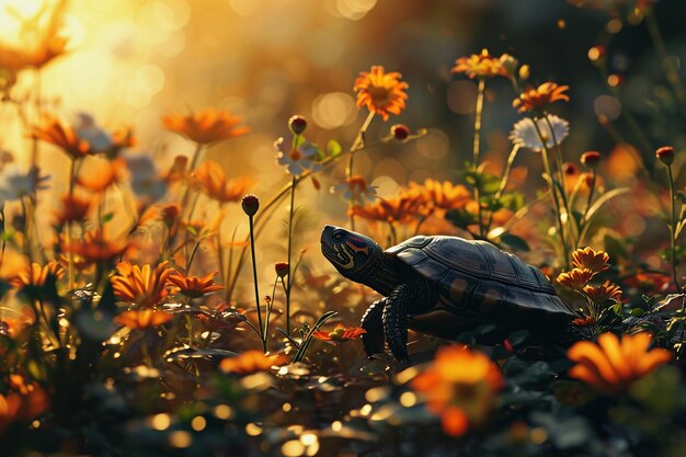 Foto close-up di una bella natura con fiori e tartarughe