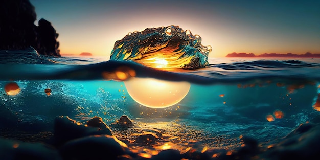 Closeup of a beautiful ocean surface waves and splashes at sunset made with generative AI