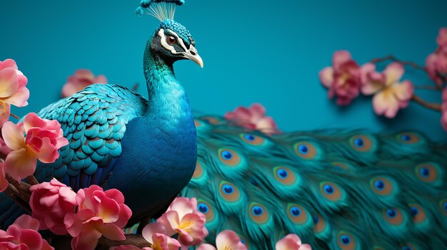Closeup of beautiful peacock on turquoise background