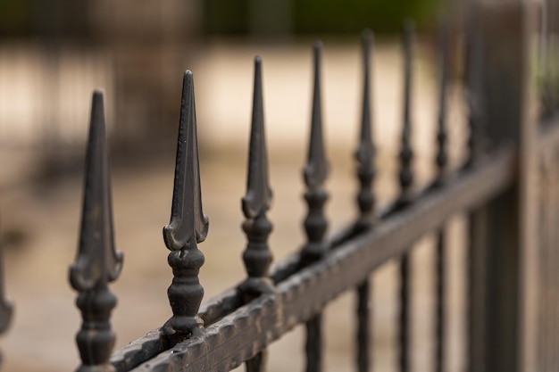 closeup of a beautiful silver forged fence in a city park