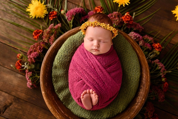 Photo closeup beautiful sleeping baby girl newborn baby girl asleep on a blanket