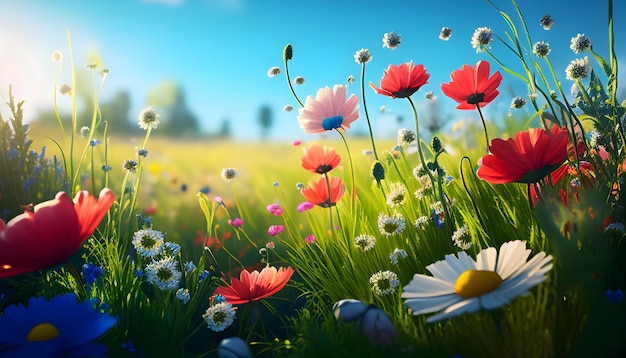 Closeup beautiful spring and summer wildflowers on meadow against sunlight and blue sky Spring and summer background Generative AI