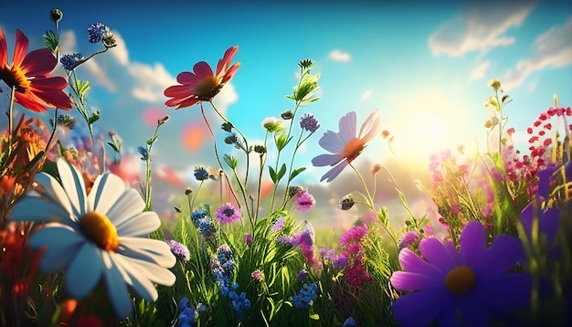 Closeup beautiful spring wildflowers on meadow against sunlight and blue sky Spring and summer background Generative AI